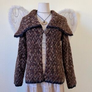Vintage Dark Cottagecore Knit Cardigan Sweater Brown Textured Shawl Collar Funky